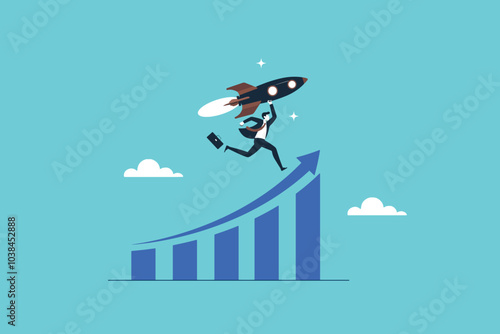 businessman flying on a rocket over an increasing graph