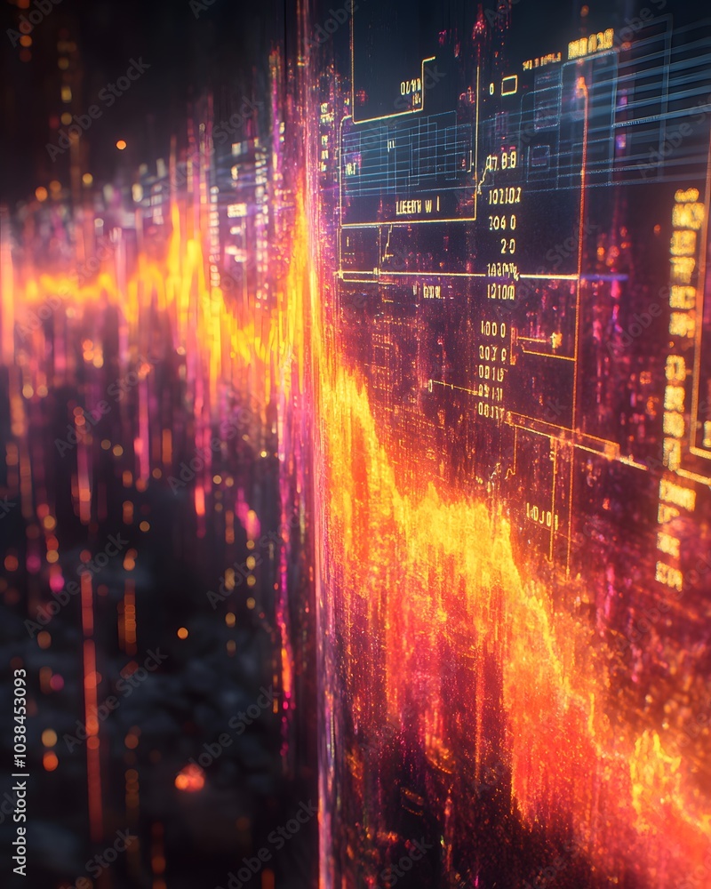 Abstract visualization of data represented as a glowing waveform on a digital interface. Abstract visualization of data represented as a glowing waveform on a digital interface.