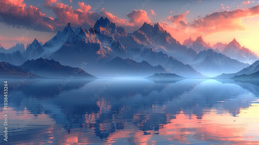 A serene mountain landscape at sunset, reflecting on calm waters. A serene mountain landscape at sunset, reflecting on calm waters.