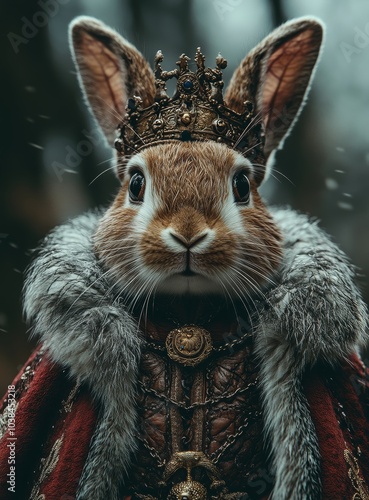 Regal rabbit in ornate royal attire with gold details 