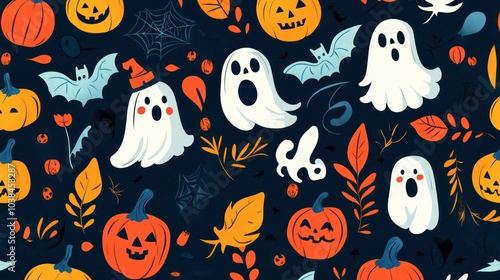 Seamless pattern with pumpkins, ghosts, bats, and autumn leaves on a dark blue background.