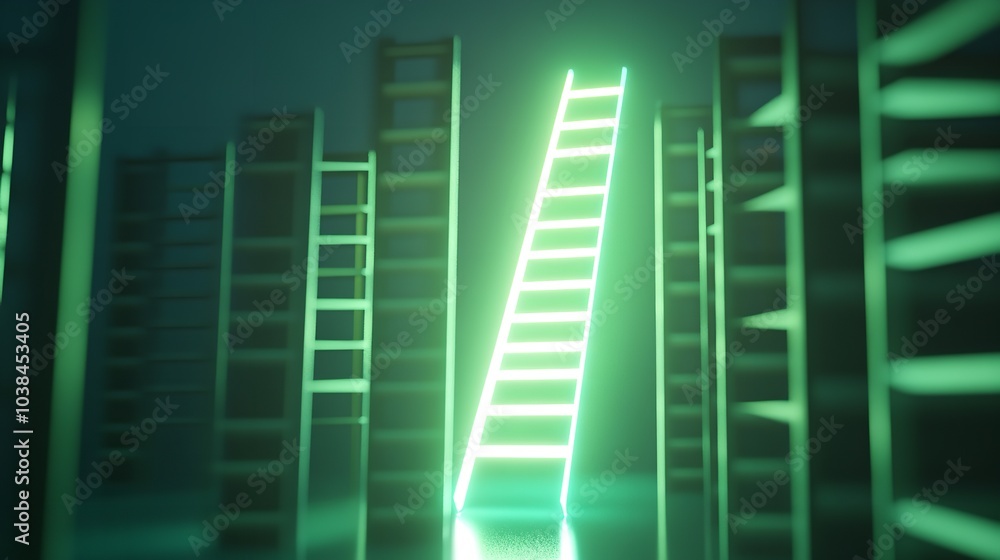 Ladder of success. Green neon ladder.
Ladder of success. Green neon ladder.