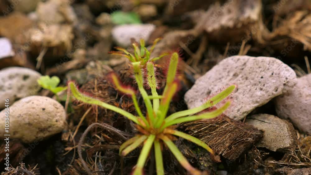 Delicate plant cape sundew sprouting rocky terrain. Nature Resilience. Delicate plant cape sundew sprouting rocky terrain. Nature Resilience.