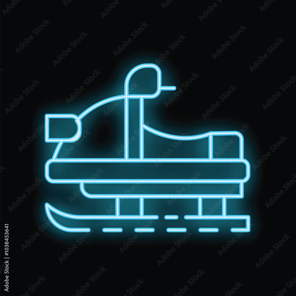 Blue neon icon of a snowmobile glowing on a dark background, perfect for representing winter sports and activities Blue neon icon of a snowmobile glowing on a dark background, perfect for representing winter sports and activities