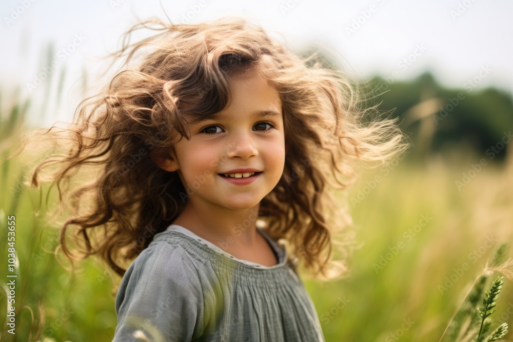 Portrait of a cute little girl with curly hair in the field Portrait of a cute little girl with curly hair in the field