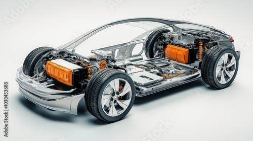 A cutaway view of an electric car with the battery, engine and other mechanical parts exposed.