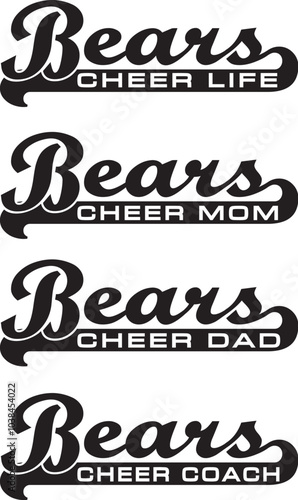 Bears Cheerleader Design With Banner is a modern take on a retro design. Includes 4 versions of Bears team name designs and text saying Cheer Life, Cheer Mom, Cheer Dad and Cheer Coach in the banners.