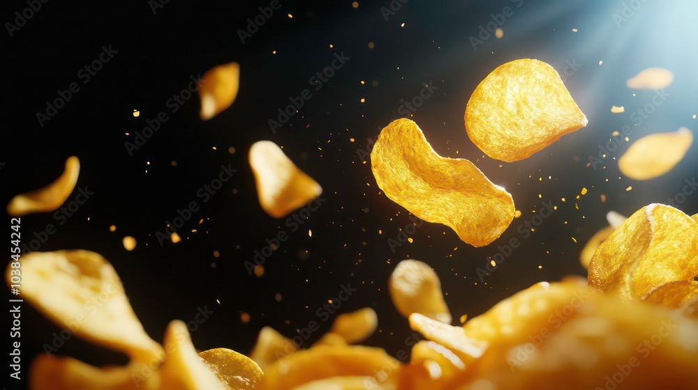 Close-up of potato chips flying in the air against a black background. Close-up of potato chips flying in the air against a black background.