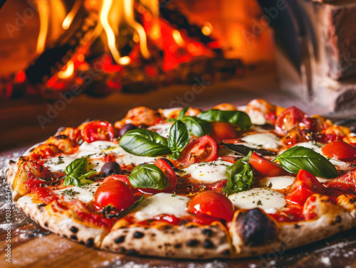 A close-up of Italy's signature dish, pizza margherita, with fresh mozzarella, tomato, and basil, hot from a wood-fired oven. photo