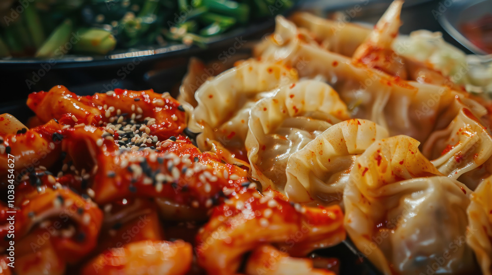 A close-up of Korean kimchi, Chinese dumplings, and Thai green curry, beautifully plated to represent the diversity of Asian cuisine. A close-up of Korean kimchi, Chinese dumplings, and Thai green curry, beautifully plated to represent the diversity of Asian cuisine.