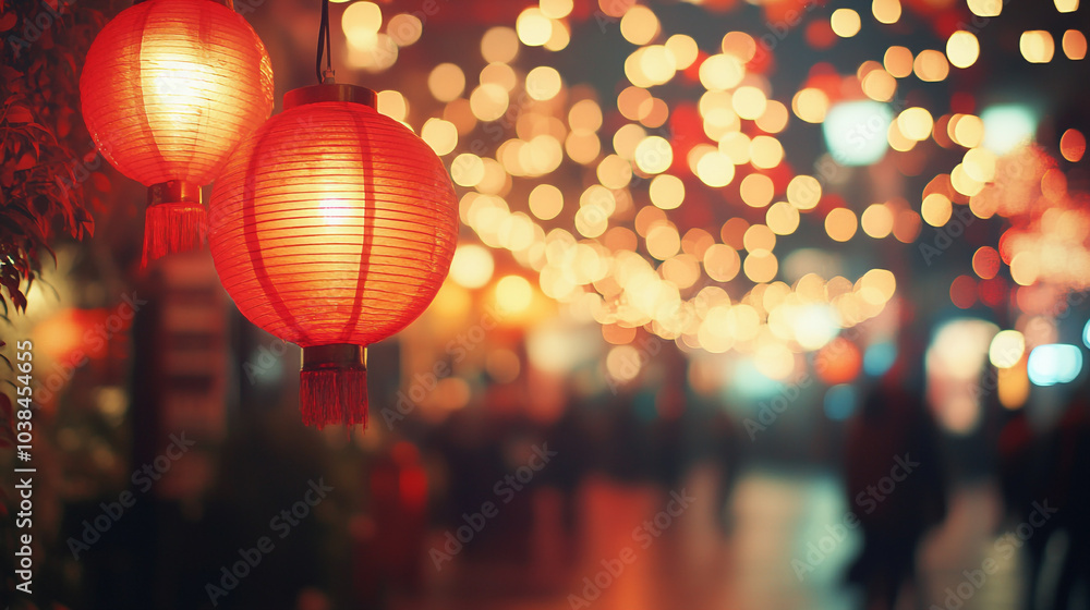 Beautifully lit red lanterns hang above a festive Christmas market with glowing lights at night Beautifully lit red lanterns hang above a festive Christmas market with glowing lights at night