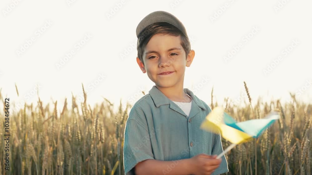 Happy Little Boy Ukrainian Patriot Child With National Flag On Wheat Background Happy Little Boy Ukrainian Patriot Child With National Flag On Wheat Background