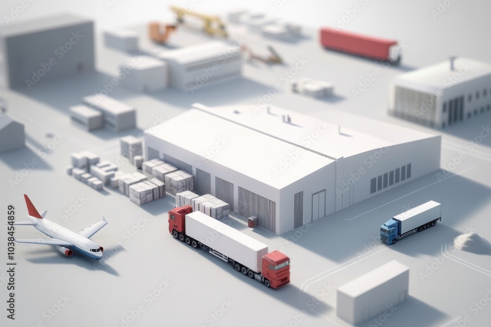 Fototapeta premium Multi-modal logistics system with airplanes, trucks, ships, and trains