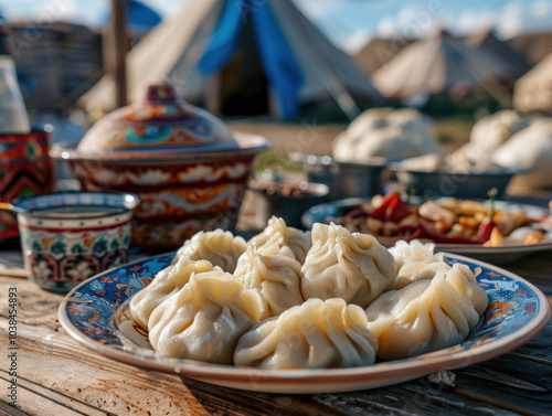 A close-up of Mongolia's national dish, buuz (steamed dumplings), arranged on a traditional plate with a rustic Mongolian tent in the background. photo