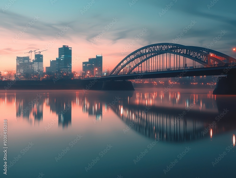 Modern City Skyline Reflected in Tranquil River Modern City Skyline Reflected in Tranquil River