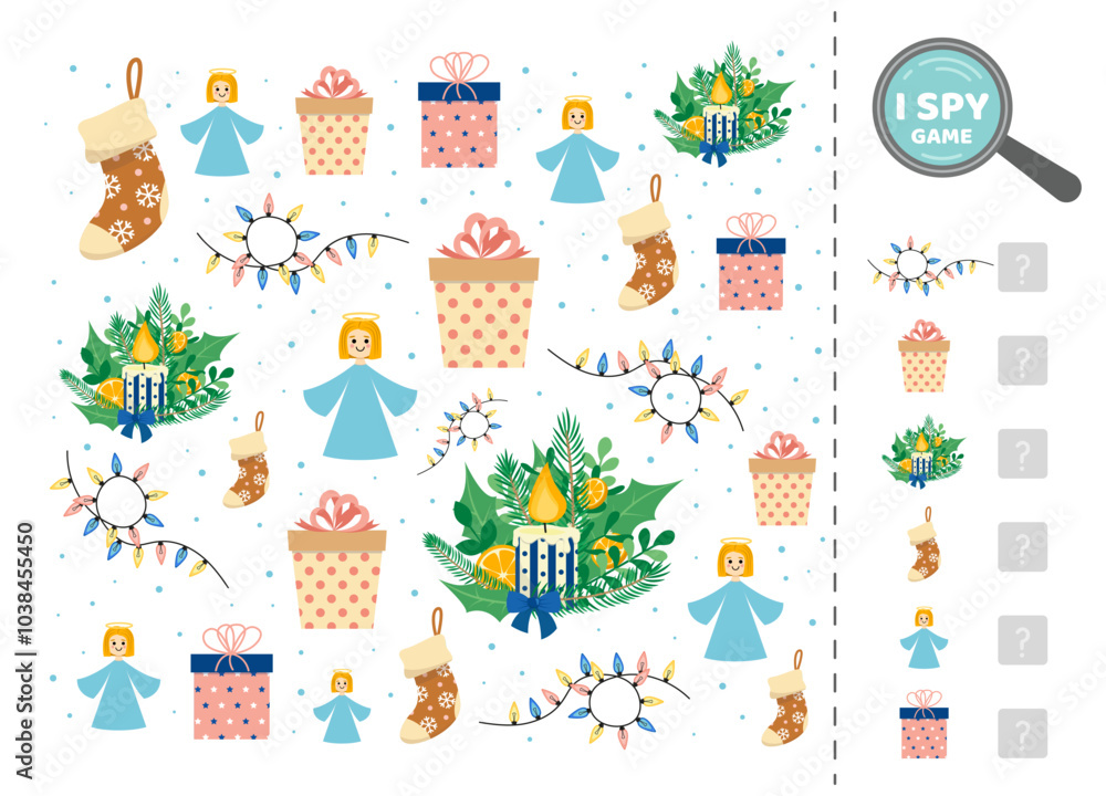 Fototapeta premium Christmas gifts and angel in I spy game for kids. Search and count how many. Math game. Vector
