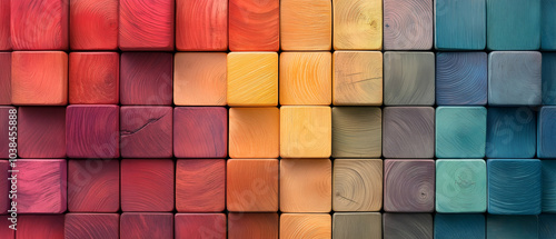 Abstract geometric rainbow colors colored 3d wooden square cubes texture wall background banner illustration panorama long, textured wood wallpaper