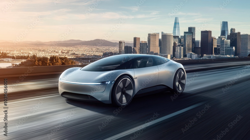 Sleek Modern Electric Car Driving on Highway Sleek Modern Electric Car Driving on Highway