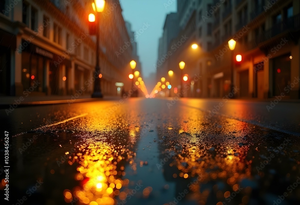 a wet pavement after rain, displaying a shiny sheen with reflections of streetlights and buildings above create with a wet pavement after rain, displaying a shiny sheen with reflections of streetlights and buildings above create with