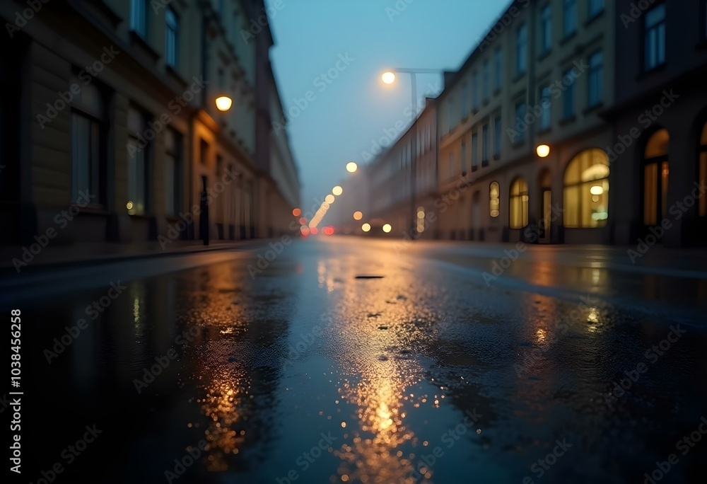 Obraz premium a wet pavement after rain, displaying a shiny sheen with reflections of streetlights and buildings above, creating a moody urban atmosphere create with ai