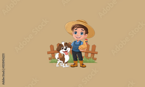 Smiling young farmer holding a chicken with a dog companion.