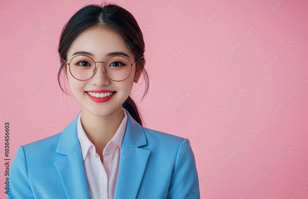 young Japanese woman in business attire stands with confidence against a pastel pink background, her posture and expression emphasizing a balance of professionalism. young Japanese woman in business attire stands with confidence against a pastel pink background, her posture and expression emphasizing a balance of professionalism.