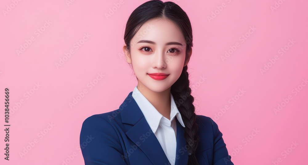 young Japanese woman in business attire stands with confidence against a pastel pink background, her posture and expression emphasizing a balance of professionalism. young Japanese woman in business attire stands with confidence against a pastel pink background, her posture and expression emphasizing a balance of professionalism.