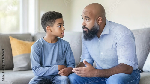 Black dad having a serious talk with his young son about bullying in school.