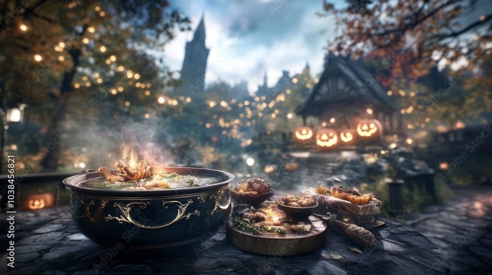 A cozy Halloween dinner with family pumpkin soup and spooky treats on the table A cozy Halloween dinner with family pumpkin soup and spooky treats on the table