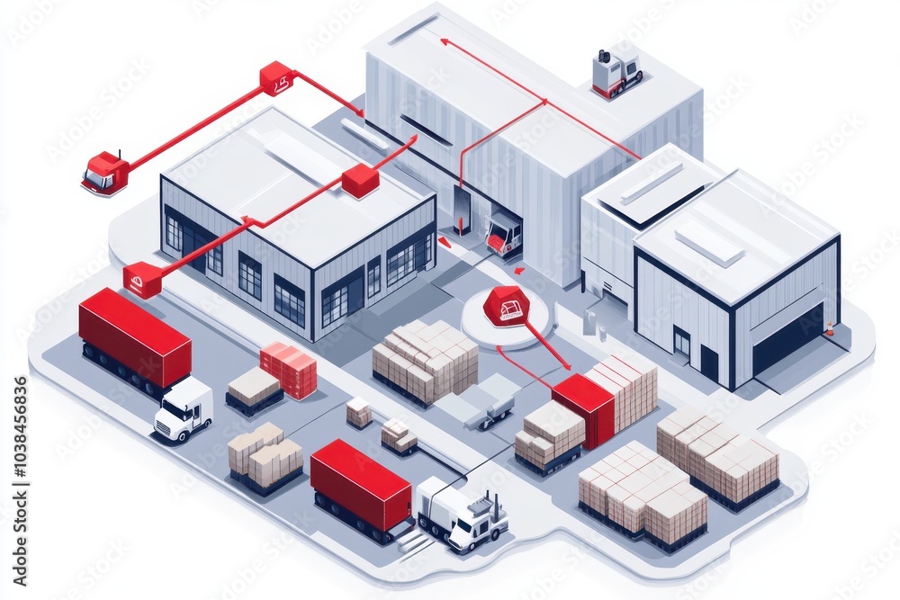 Vector of logistics supply chain with arrows connecting factories, warehouses, and stores Vector of logistics supply chain with arrows connecting factories, warehouses, and stores