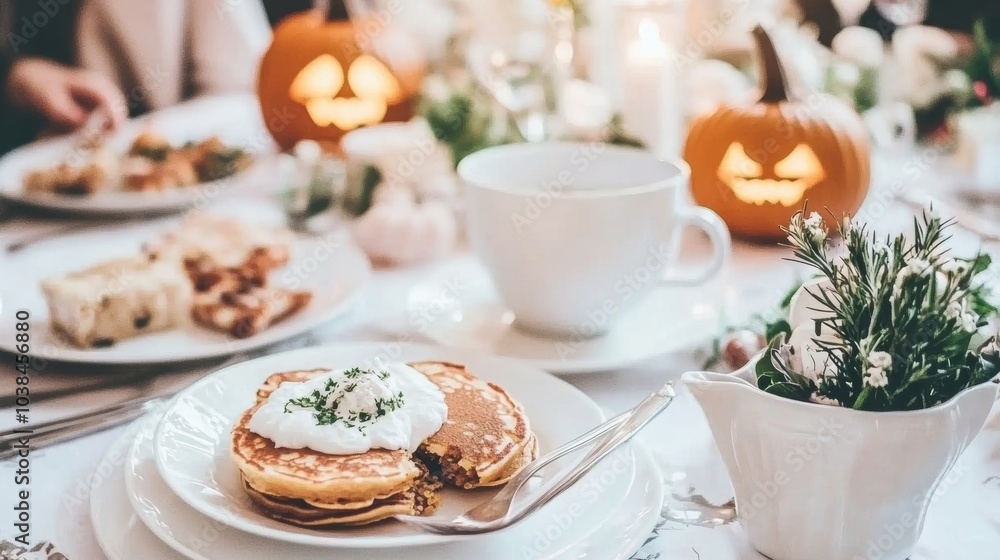 A cozy Halloween family breakfast pumpkin pancakes on the table A cozy Halloween family breakfast pumpkin pancakes on the table