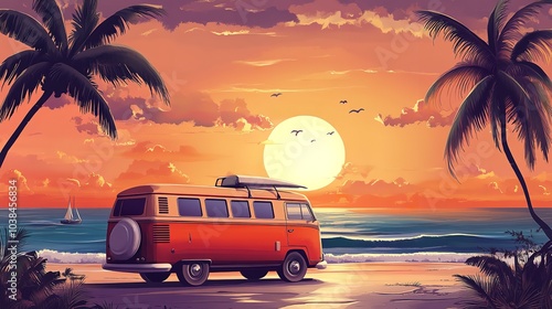 ummer Vacation Surf Bus Sunset Tropical Beach Retro Surfing photo