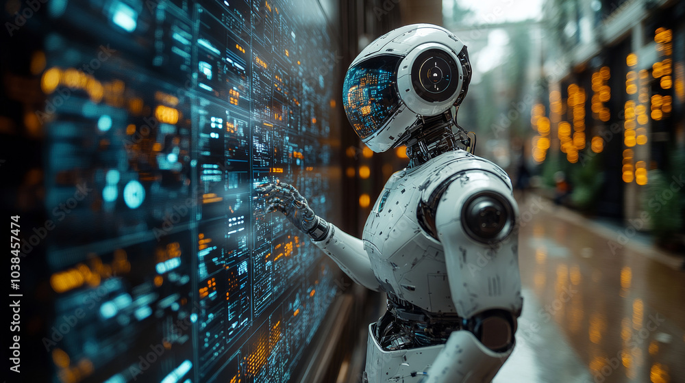 Fototapeta premium Futuristic Background with Robot Doctor Using 3D VR Technology