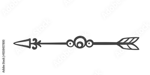 Cupids arrow with curls and round decor line icon. Outline retro ornate divider with flourish, Victorian hand drawn vintage element. Valentines Day mascot, arrow separator icon vector illustration