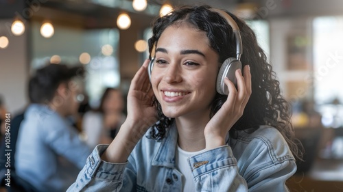 Wallpaper Mural Woman enjoying music with headphones in a vibrant coffee shop setting. Torontodigital.ca