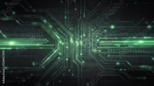 Futuristic digital circuit board with green light effects on dark background.