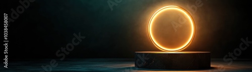 Glowing circle on pedestal, dark background, dramatic lighting effect