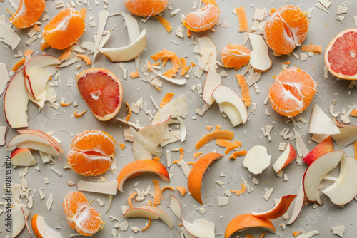 A conceptual art piece featuring deconstructed fruits like peeled oranges and apples, with their parts spread across a canvas, using a minimalist color palette photo