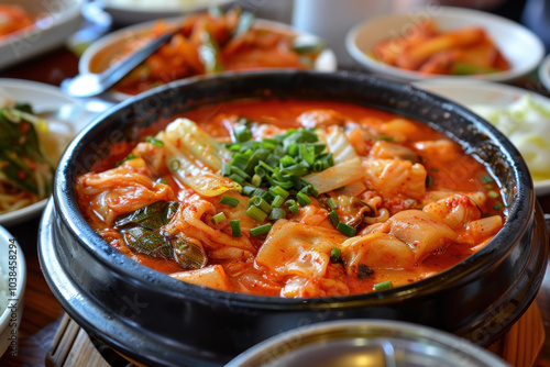 A cozy Korean kitchen with bubbling pots of kimchi stew, the spicy aroma filling the air, while side dishes await.