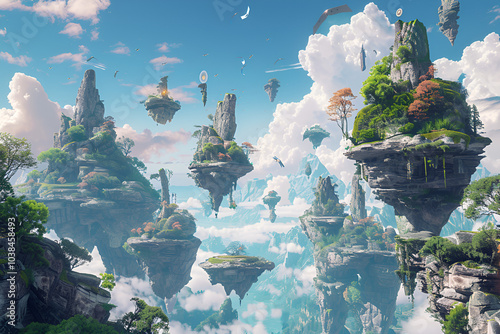 Floating islands with lush trees above misty waters and rocky formations, under a clear sky.