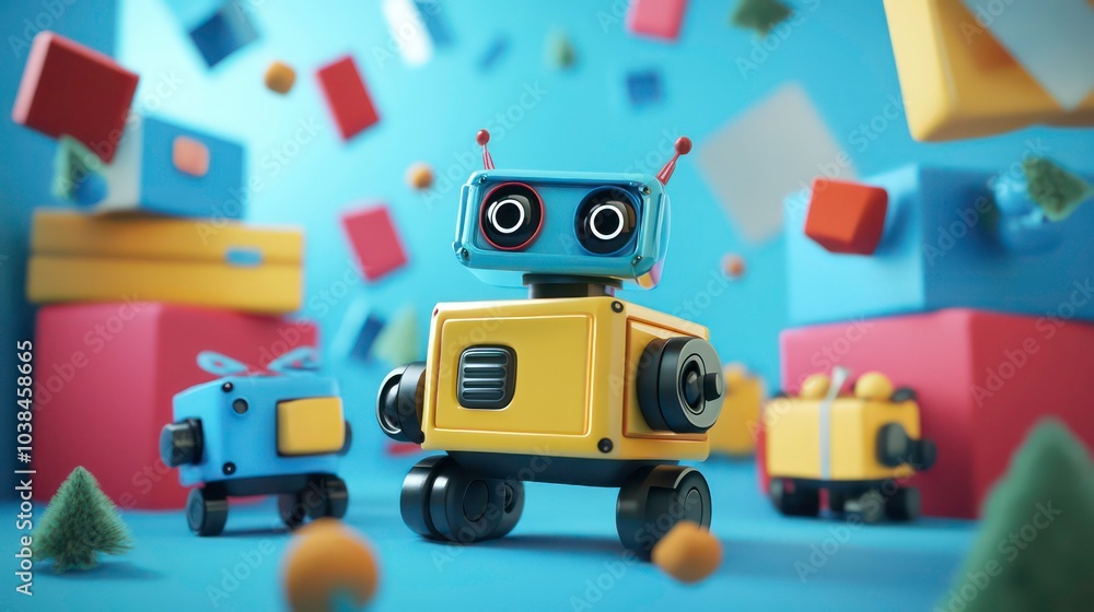 Obraz premium A cute robot toy stands in front of a colorful background with many presents.