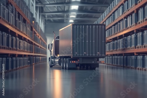 Logistics industry storage and transportation of goods. A truck transports goods from a warehouse photo