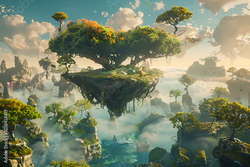 Floating islands with lush trees above misty waters and rocky formations, under a clear sky.