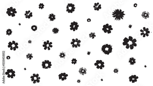 Background with black flowers painted with brush, flowers in the form of stamps, grunge elements, floral pattern on white background, flowers of different sizes and designs made in black ink