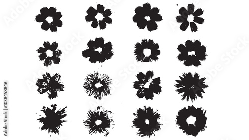 Set of black flowers made in ink on white background, collection of different types of flowers, grunge elements, blots in the form of flowers, flowers in the form of stamps