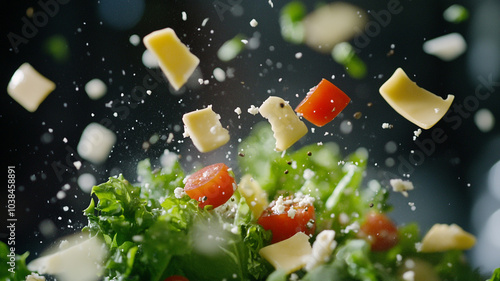 Fresh ingredients tossed in the air creating a vibrant salad with cheese and tomatoes