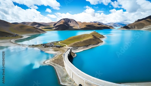 A panoramic view of Yang Lake in Tibet, explore the natural beauty through aerial photography. photo