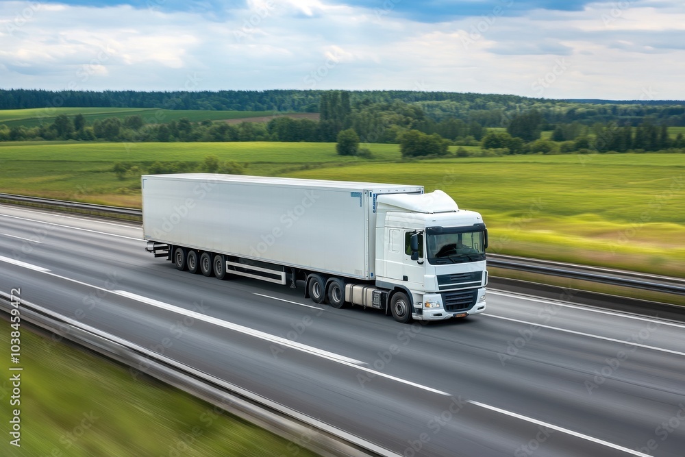 Concept of express delivery services, cargo truck speeding on highway Concept of express delivery services, cargo truck speeding on highway