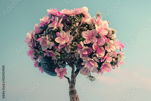 A vibrant tree with lush pink blossoms against a dreamy sky, symbolizing growth and beauty in nature.