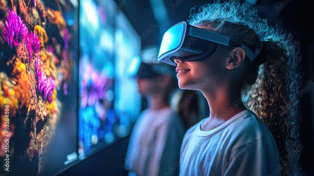 Students engage in an interactive VR learning experience in a modern classroom setting. Generative AI Students engage in an interactive VR learning experience in a modern classroom setting. Generative AI
